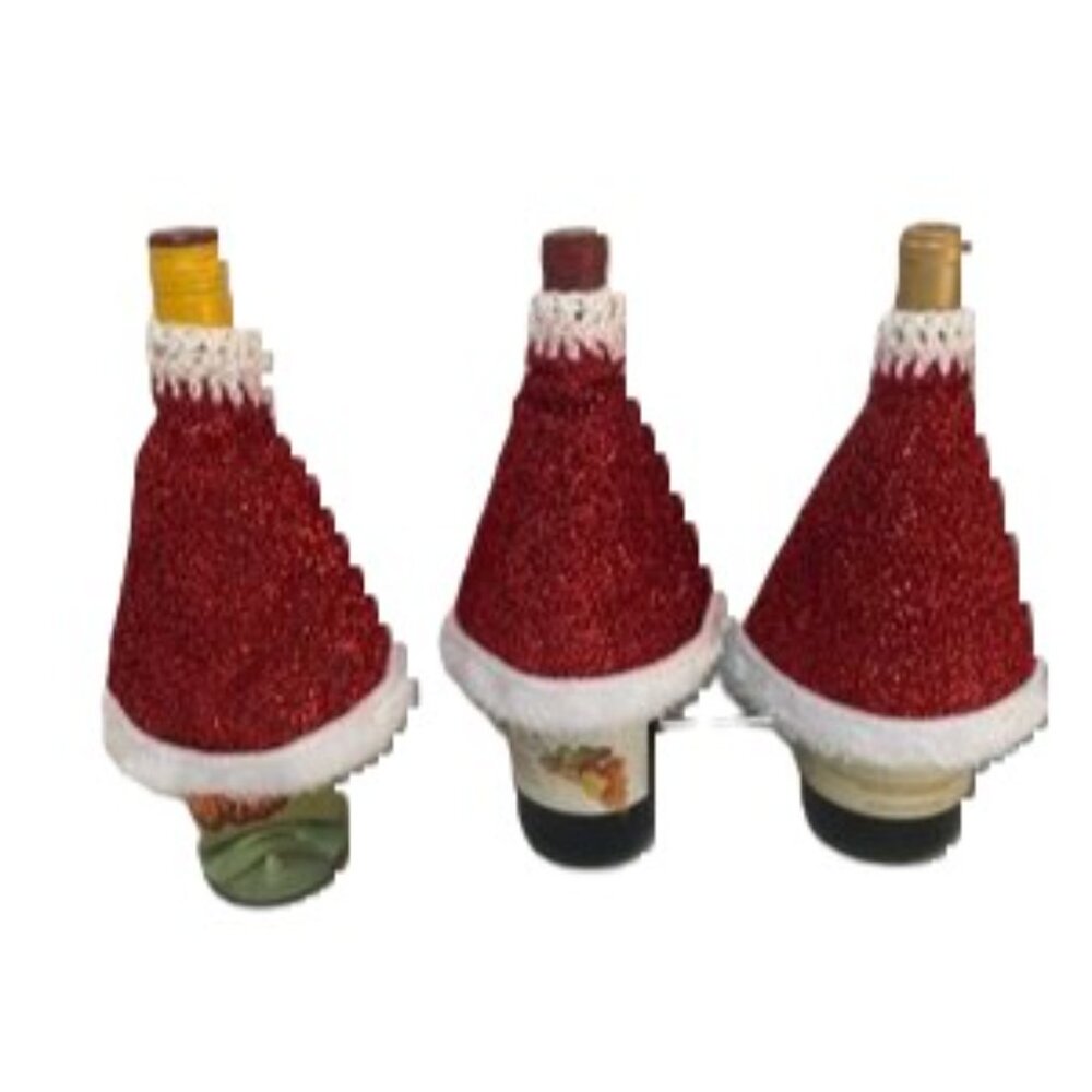 Santa WINE TOPPER Decor Glittery Shiny Hat Fur Red and White Set of 3
